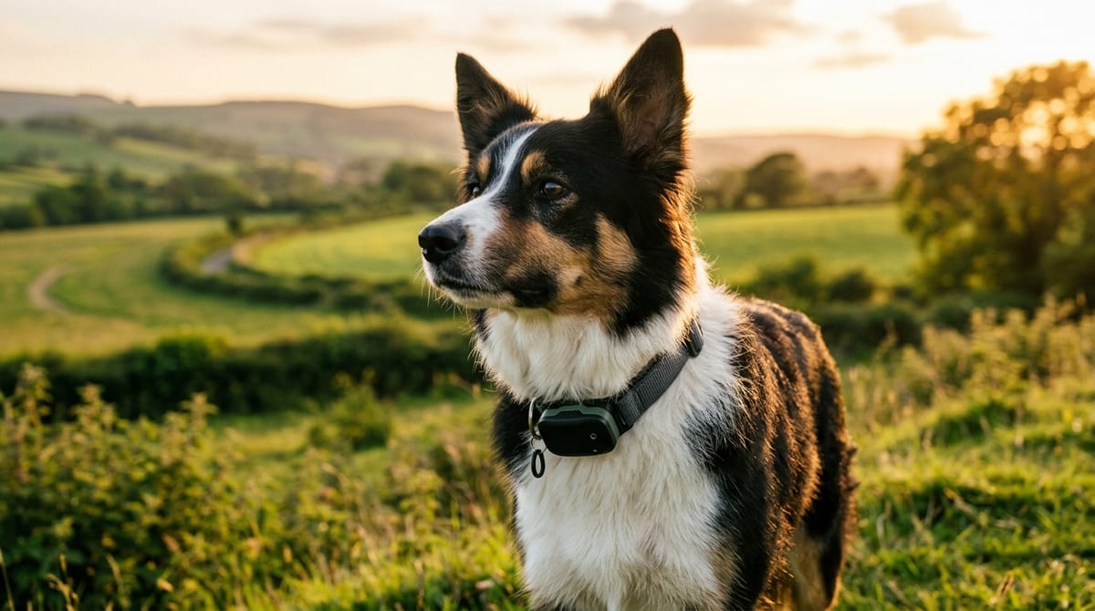 A collie in a countryside field wearing a collar with a small black GPS tracker under its chin