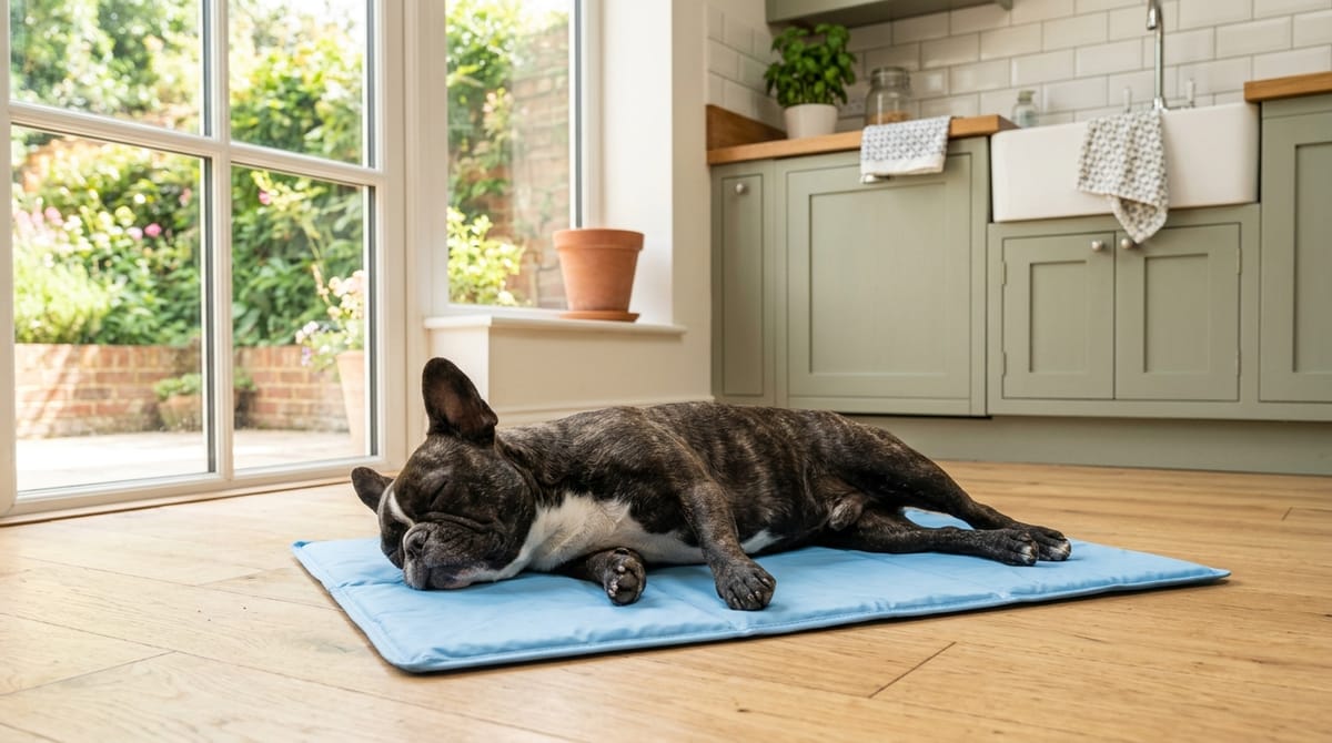 A French bulldog asleep on a light-blue cooling mat on a kitchen floor