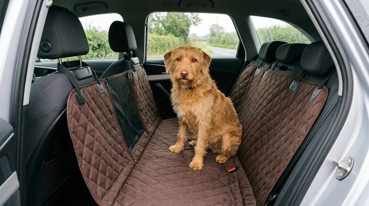 A ginger wiry-haired dog sitting on a brown quilted seat cover with a mesh window panel, fitted over the back seat of a silver car