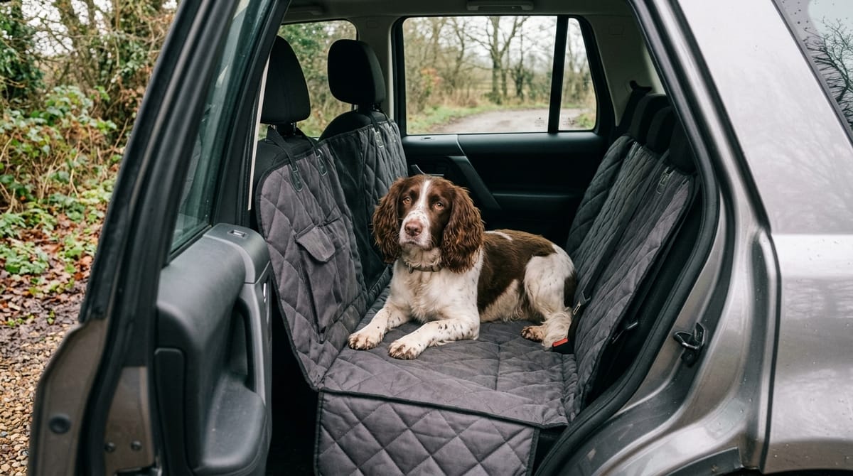 A liver-and-white springer spaniel lying on a grey quilted seat cover fitted over the back seat of a car, seen through the open rear door