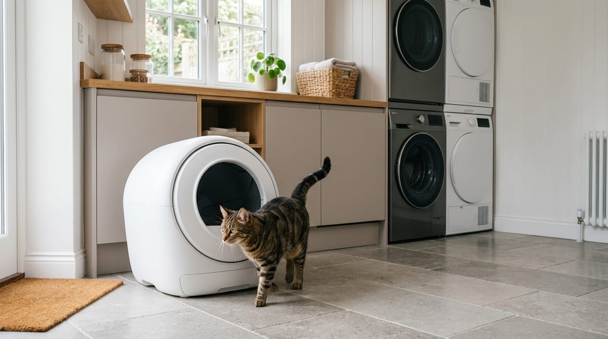 A tabby cat stepping out of a white hooded automatic litter box in a utility room