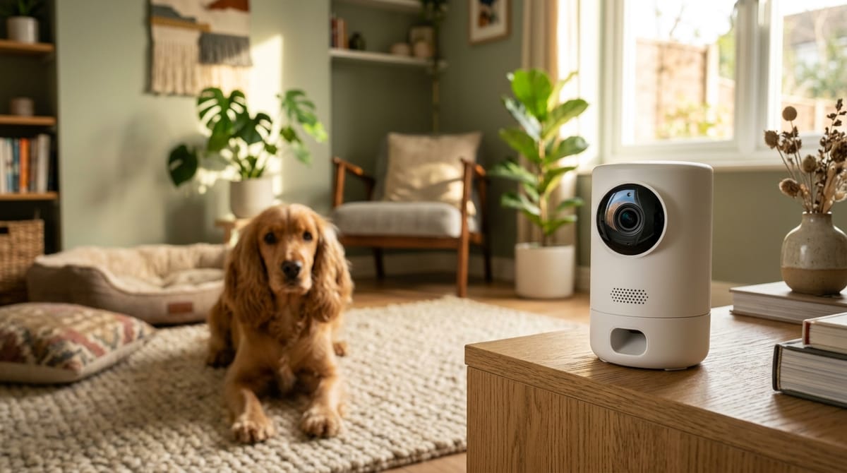 A white pet camera on a sideboard, with a spaniel lying on a rug behind it
