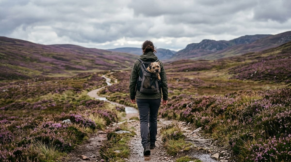 A woman walking a path across heather moorland, seen from behind, with a small terrier peering out of a grey dog backpack carrier on her back