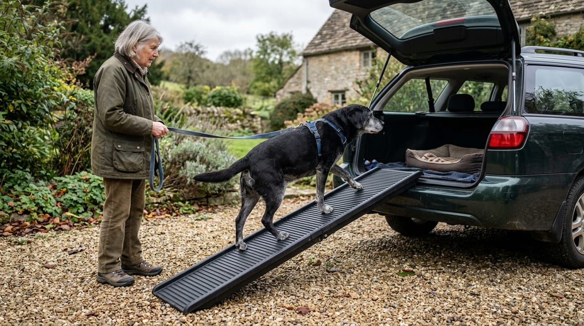 An older black dog in a harness walking up a folding dog ramp into the boot of an estate car, its owner holding the lead